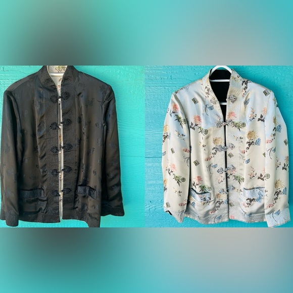 Reversible Chinese Brocade Jacket Embroidered Satin Tang Coat Black Silver SZ M - Picture 1 of 14